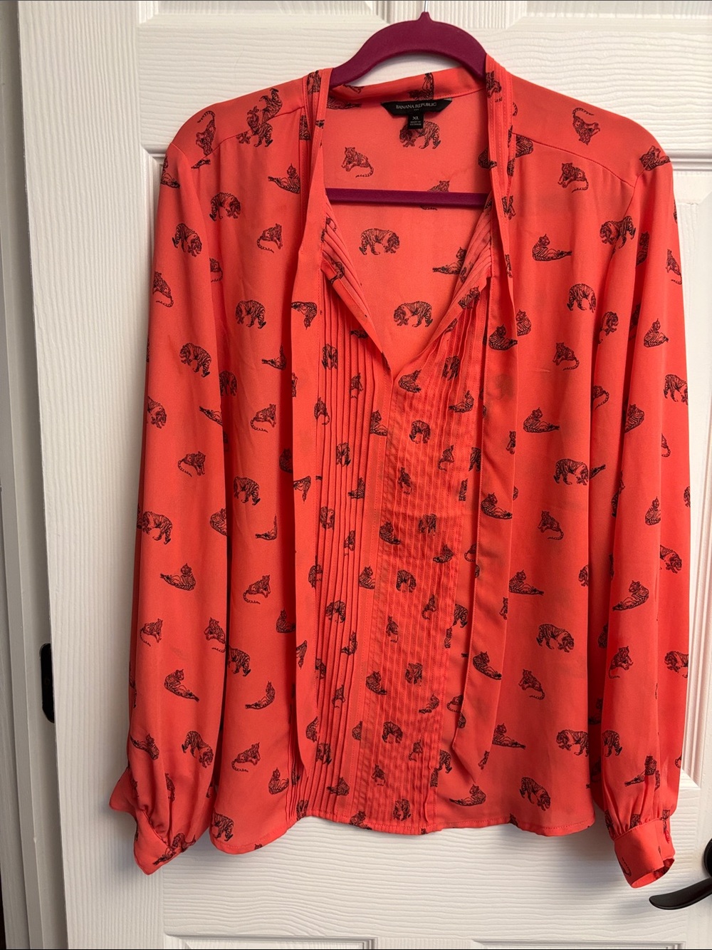 Banana Republic Coral Printed Tie-Neck Blouse